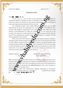 Admission Letter for Diploma Studies in China